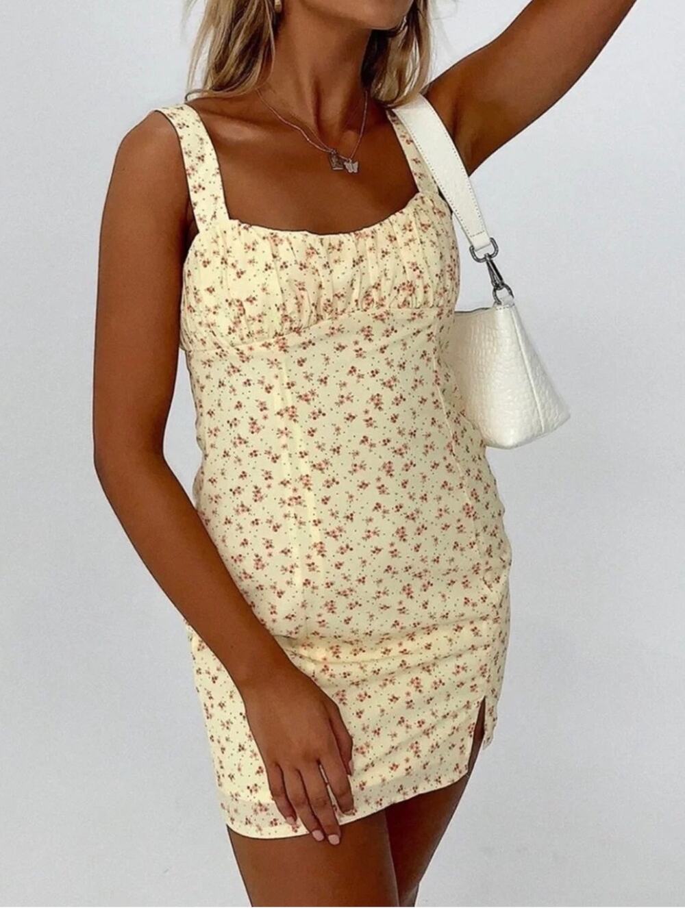 Princess Polly Freya Mini Dress Women’s 6 Yellow Red Floral Ruched Cottagecore